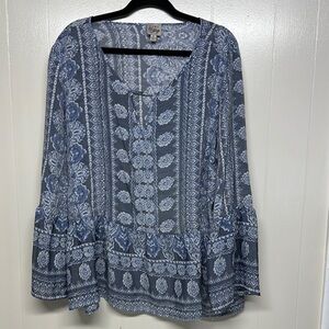 Como Vintage Blue and White Bell Sleeve Blouse